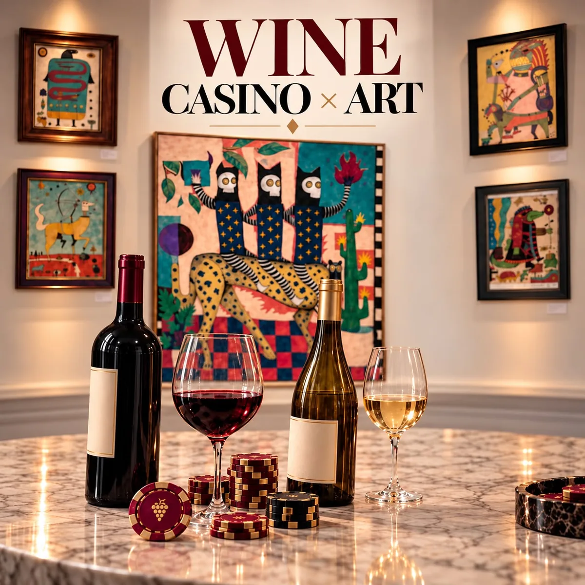 Red and white wine, casino chips, and colorful paintings on a marble table