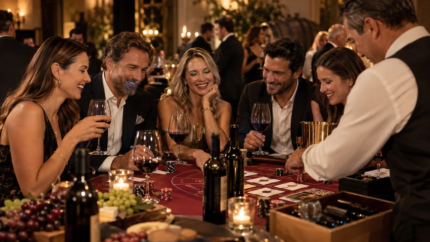 Guests with red wine and playing cards at a casino table